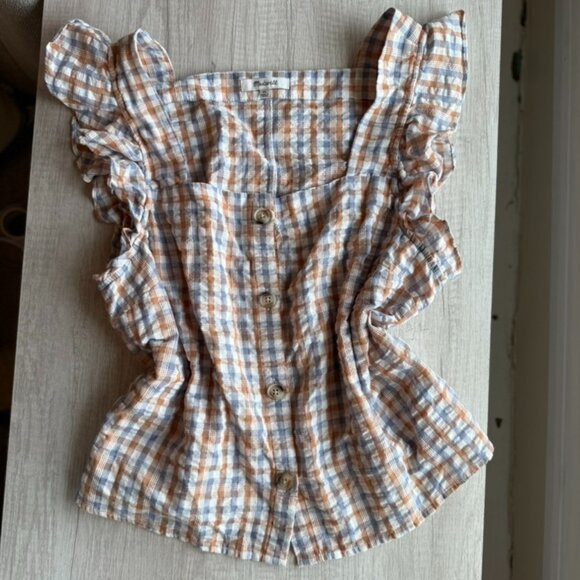 Madewell Gingham Searsucker Ruffle Strap Button Up Tank Top Womens XL Retro - Picture 5 of 16